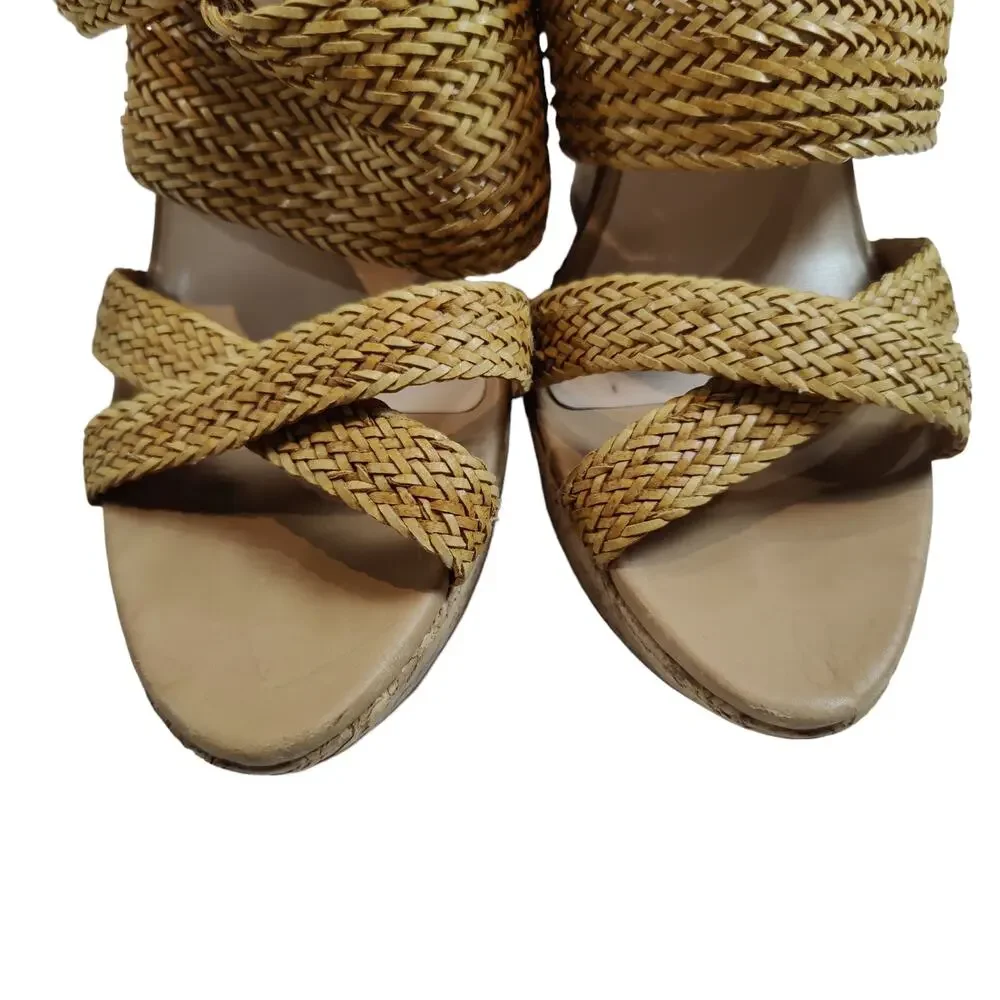 Loeffler Randall Women's Sz 9.5 Lake Strappy Woven Cork High Wedge Sandal Tan